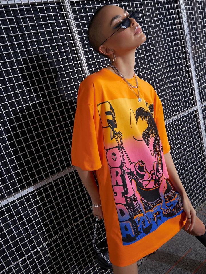 SASSAFRAS Orange Graphic Printed Drop Shoulder Pure Cotton Oversized T-Shirt Dress