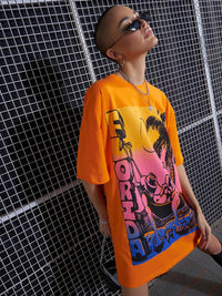 SASSAFRAS Orange Graphic Printed Drop Shoulder Pure Cotton Oversized T-Shirt Dress