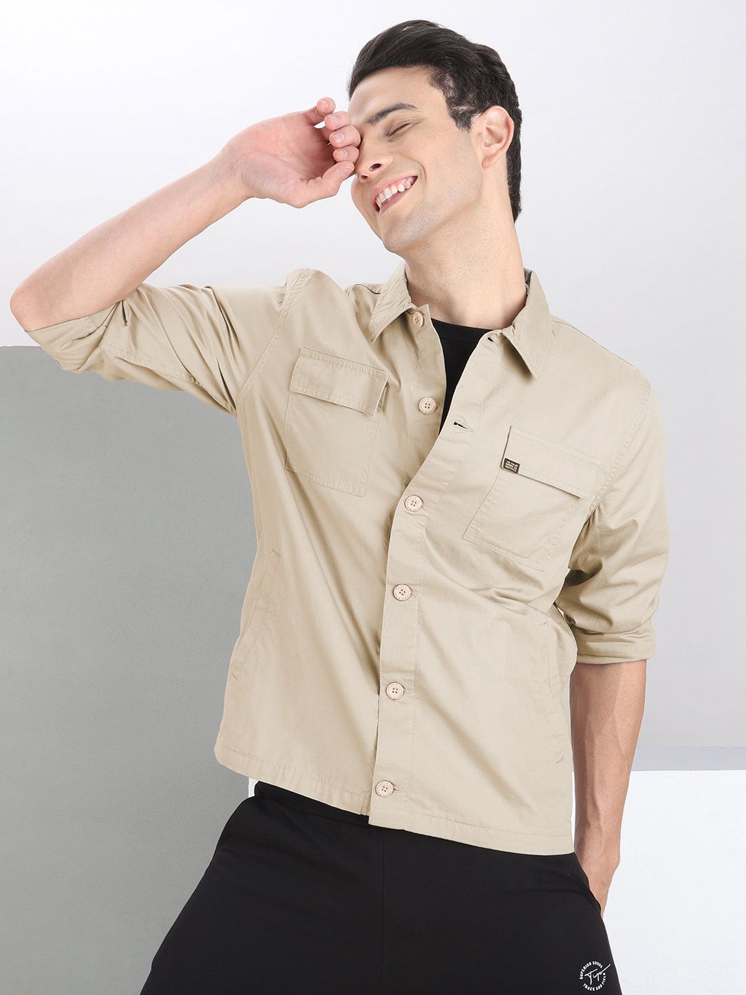 The Indian Garage Co Men Utililty Regular Fit Solid Shirt with Double flap Pocket