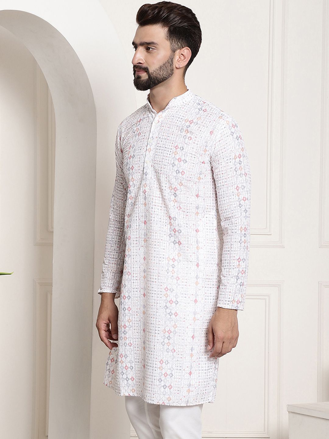 SOJANYA Lelaki White Geometric Printed Thread Work Kurta
