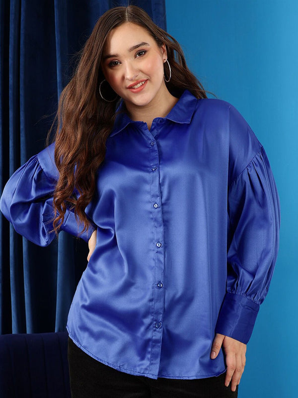 CURVY STREET Plus Size Shirt Collar Cuffed Sleeves Shirt Style Top