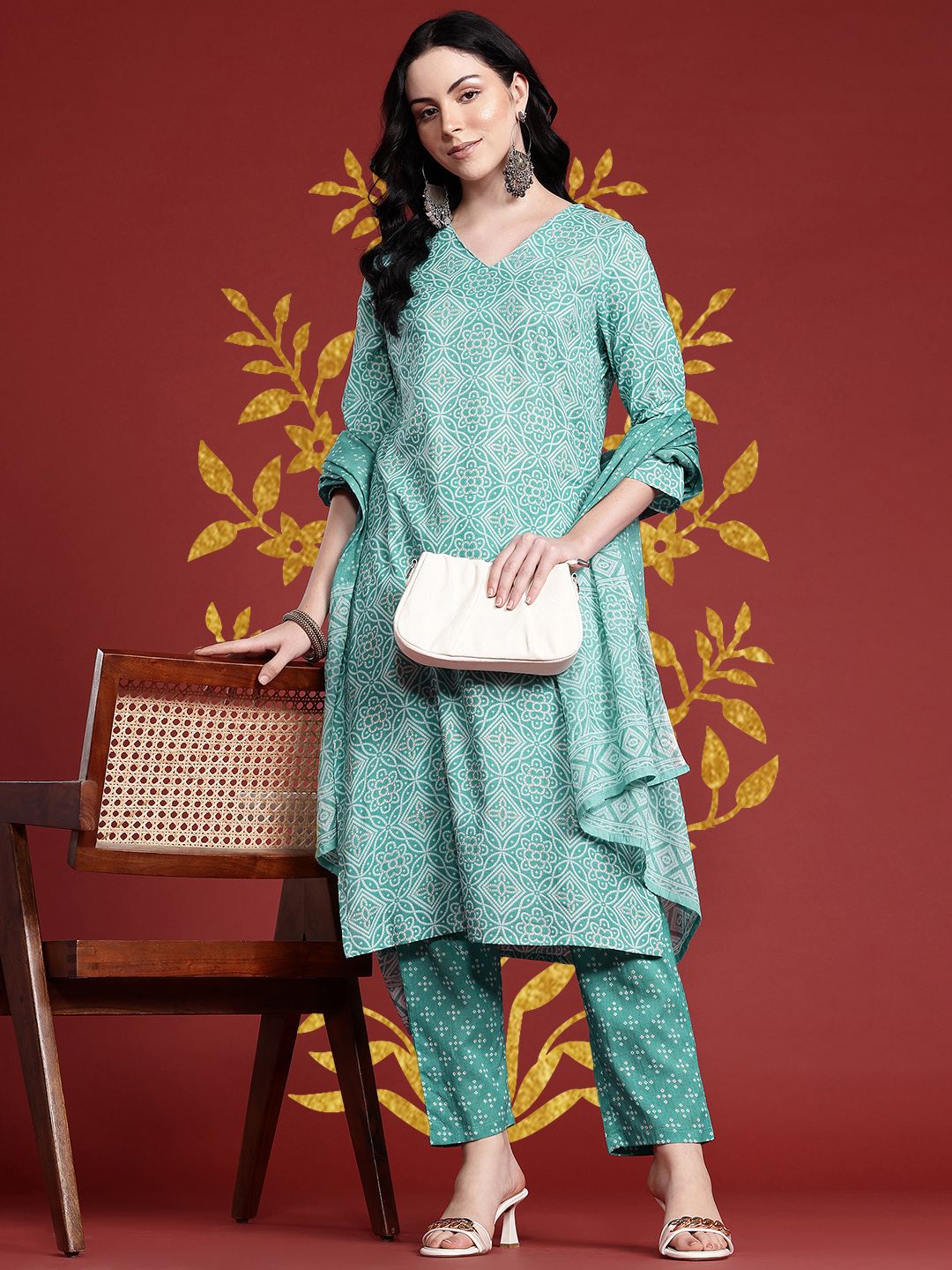 Anouk Geometric Printed Kurta with Trousers & With Dupatta