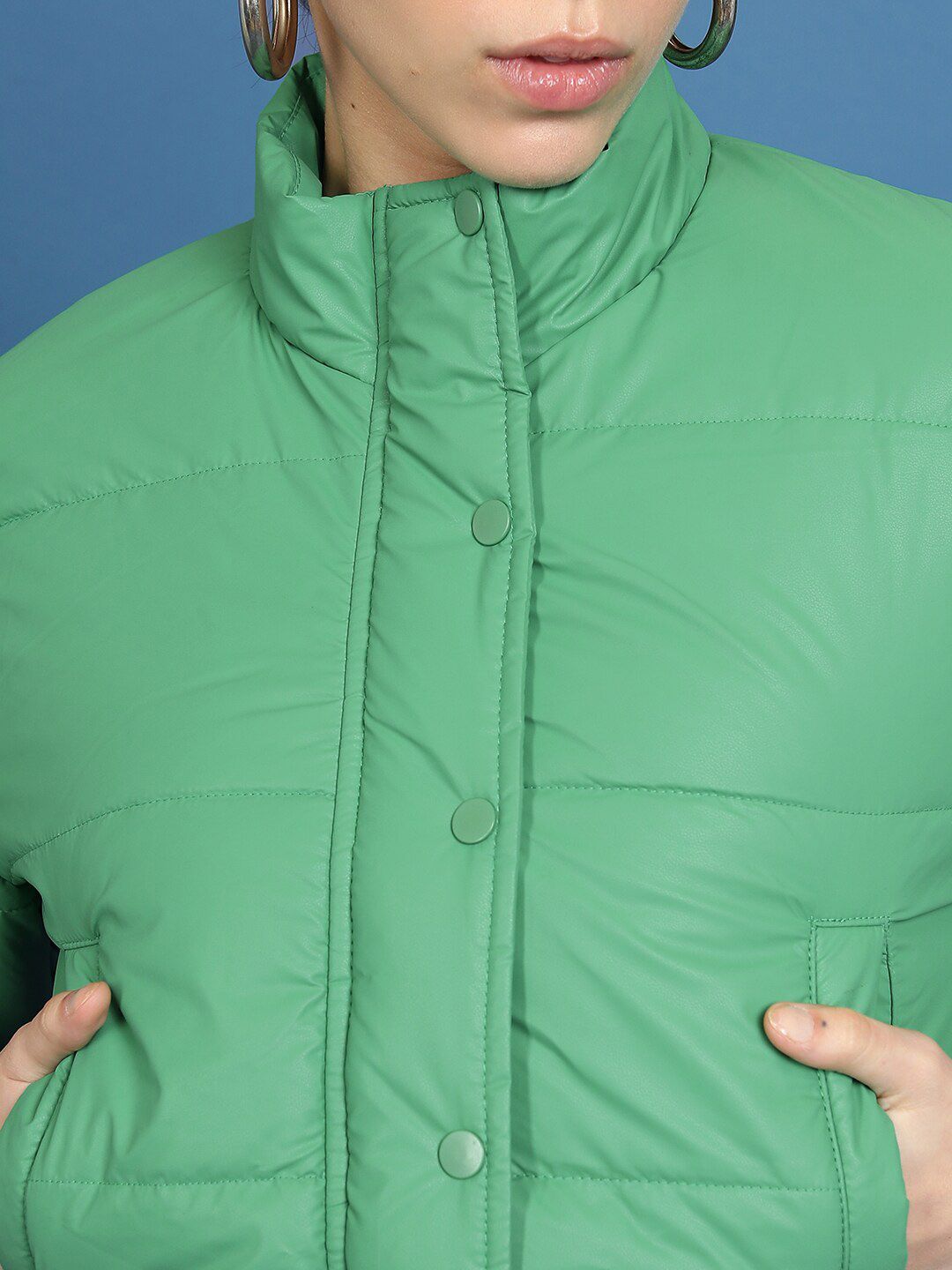 Tokyo Talkies Green Mock Collar Crop Padded Jacket