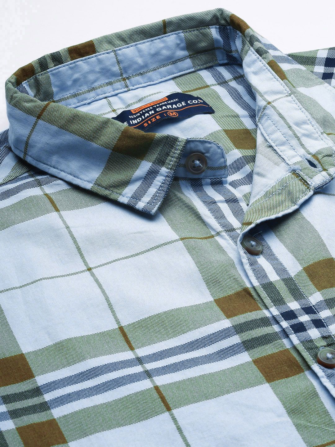 The Indian Garage Co Men Blue & Mustard Brown Checked Pure Cotton Casual Shirt