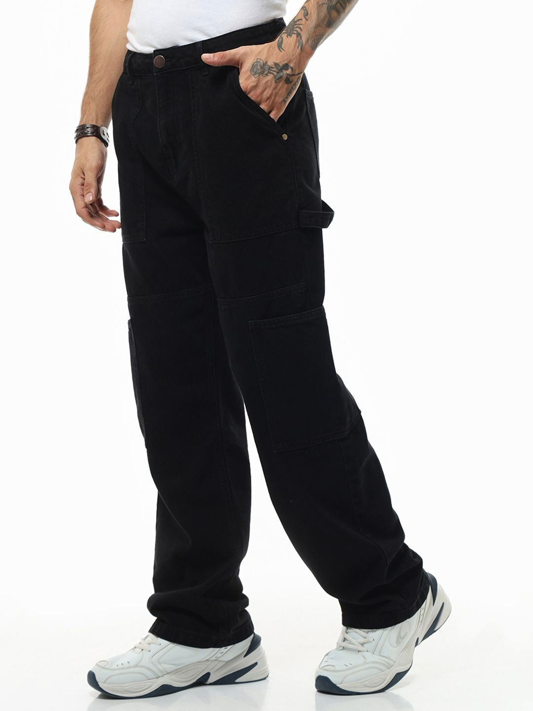Bewakoof Men's Black Baggy Carpenter Mid-Rise Jeans