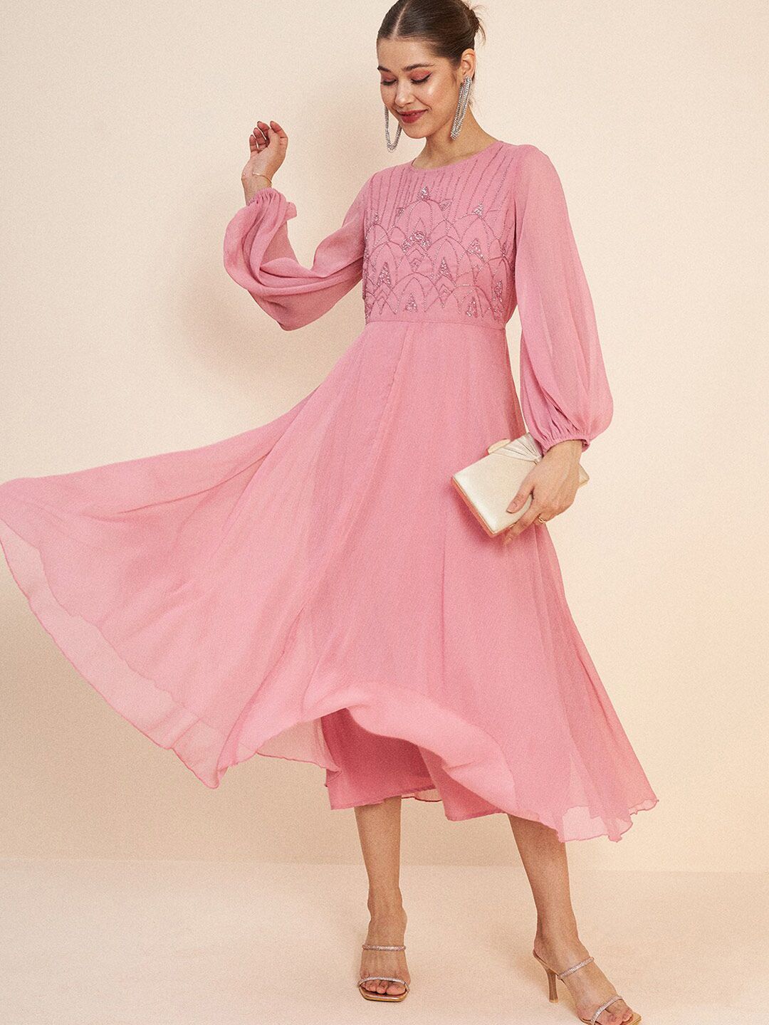 Antheaa Pink Embellished Puff Sleeves Gathered Fit & Flare Midi Dress