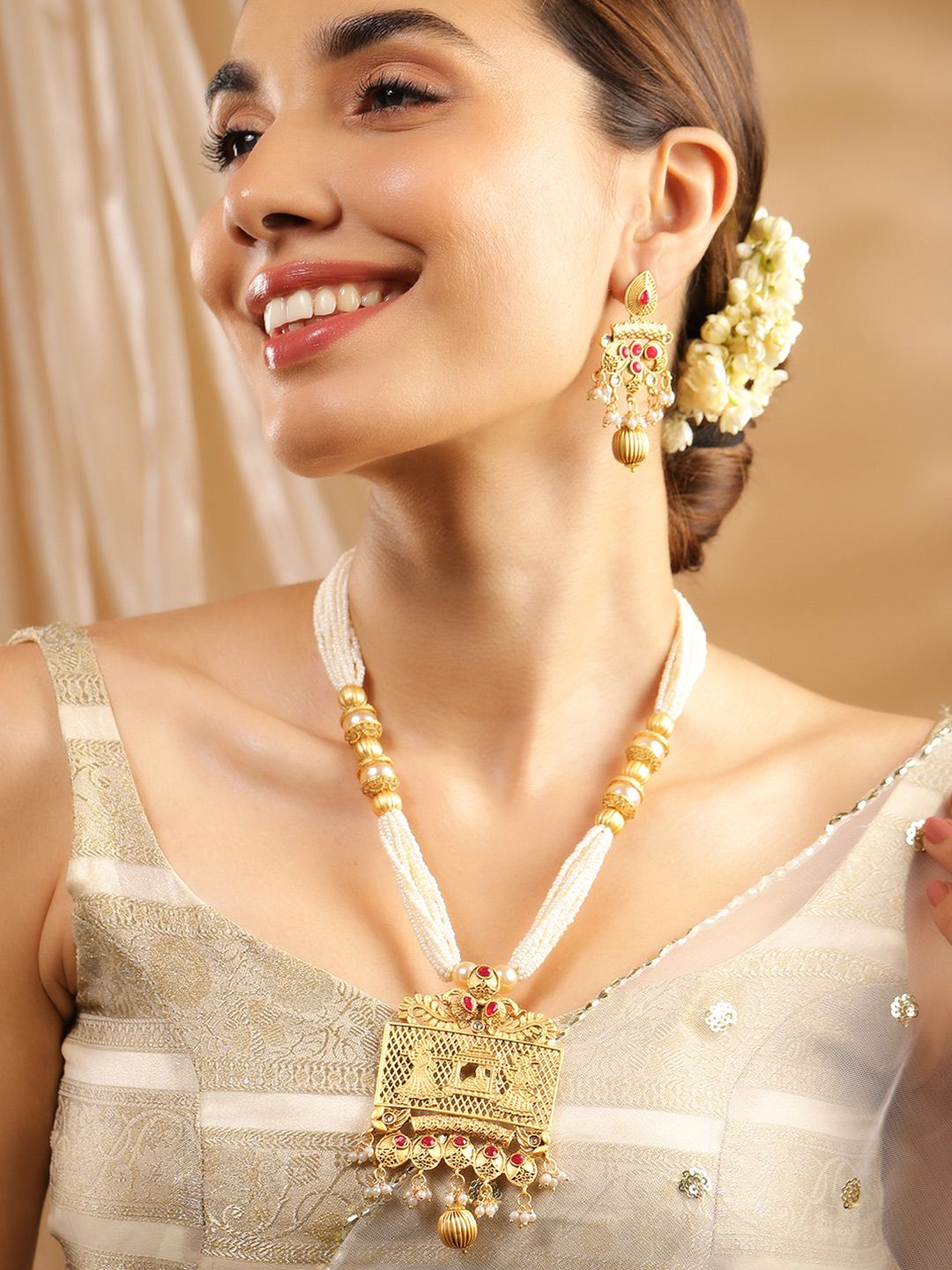 Rubans 22K Gold-Plated Ruby & White Pearl Beaded Multistrand Temple Motif Jewellery Set