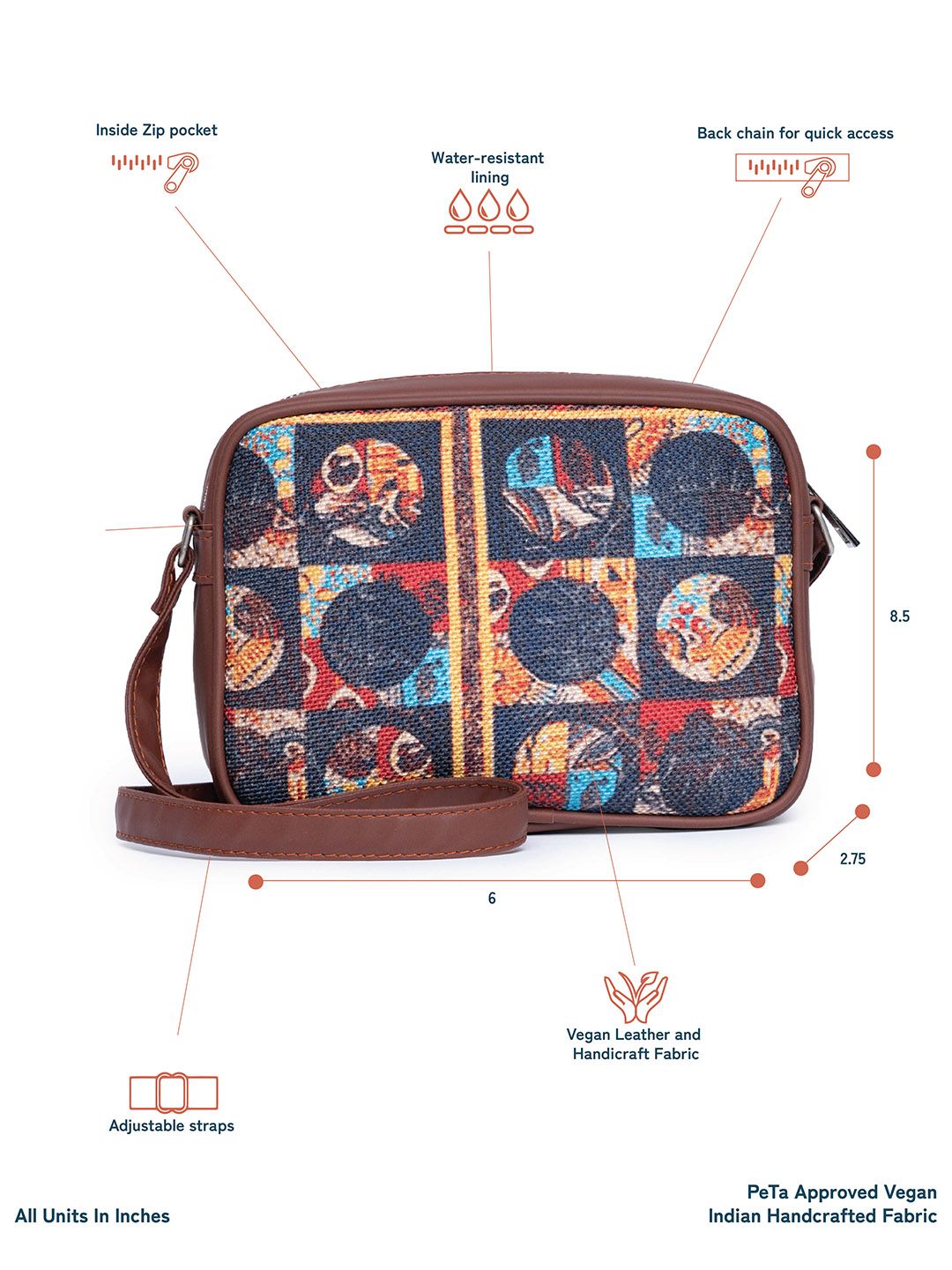 ZOUK Black & Orange African Art Woven Design Handcrafted Vegan Leather Sustainable Sling Bag