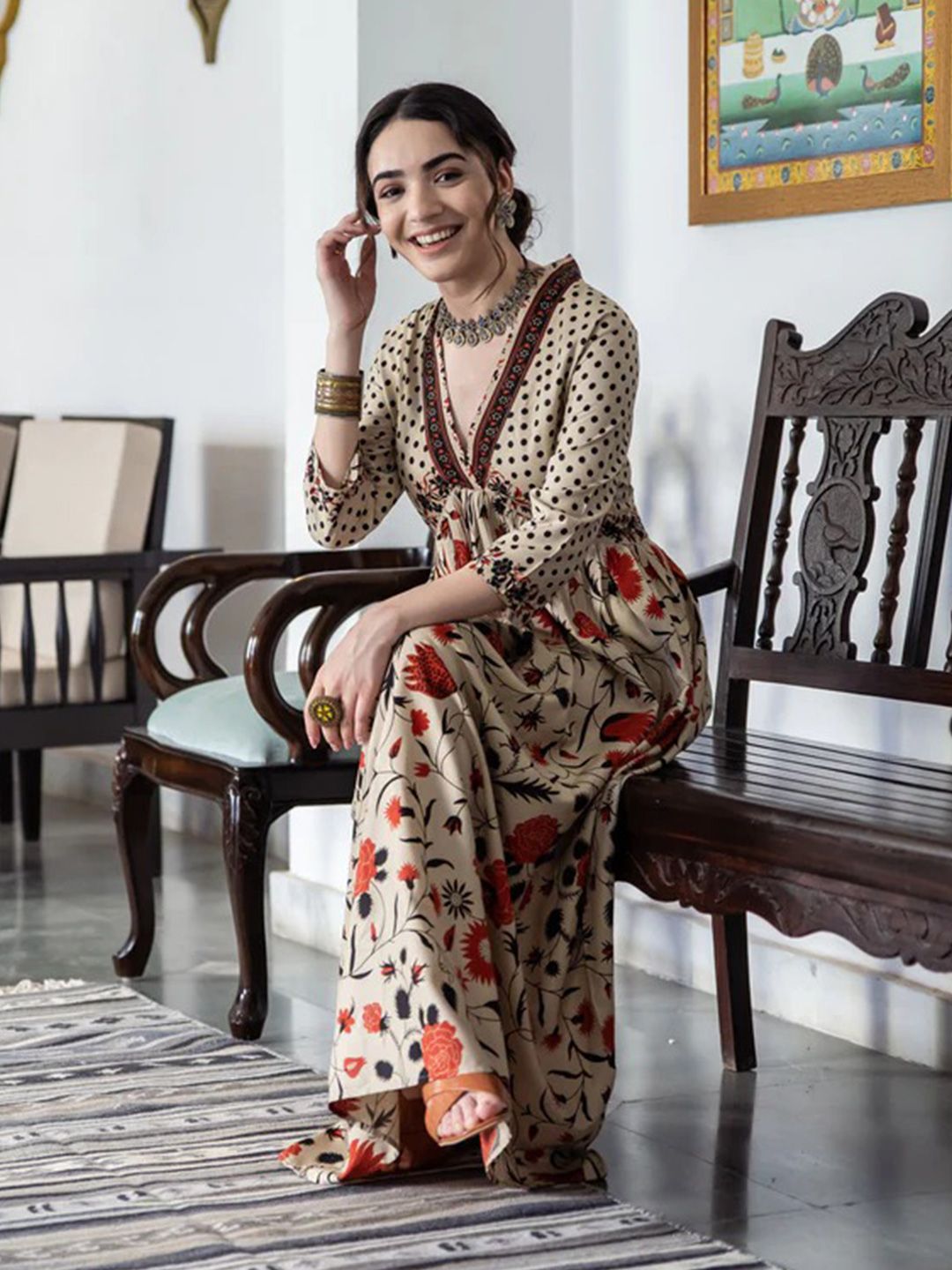 Rustorange Women Beige & Orange Printed A-Line Dress