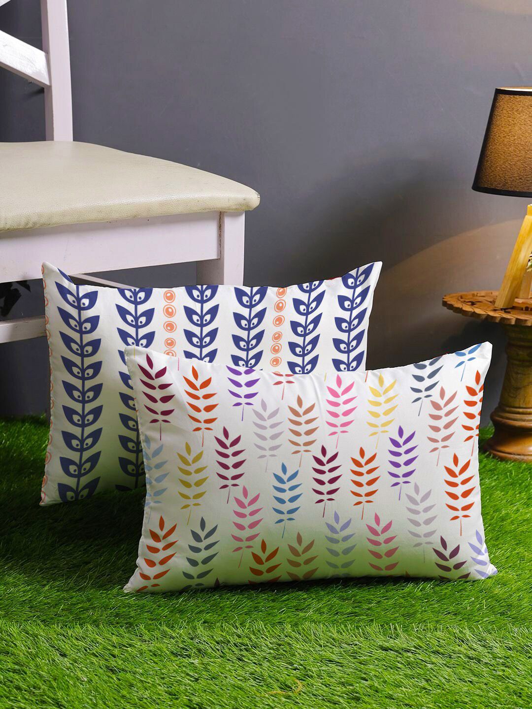 STITCHNEST Blue & White Set of 2 Floral 12" X 18" Rectangle Cushion Covers