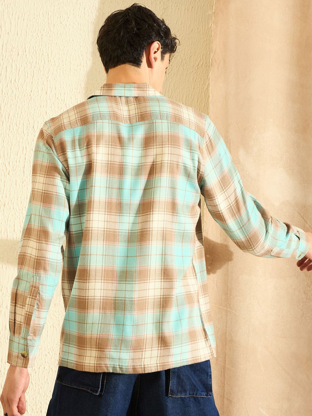 DENNISON Smart Tartan Checks Cuban Collar Cotton Casual Shirt