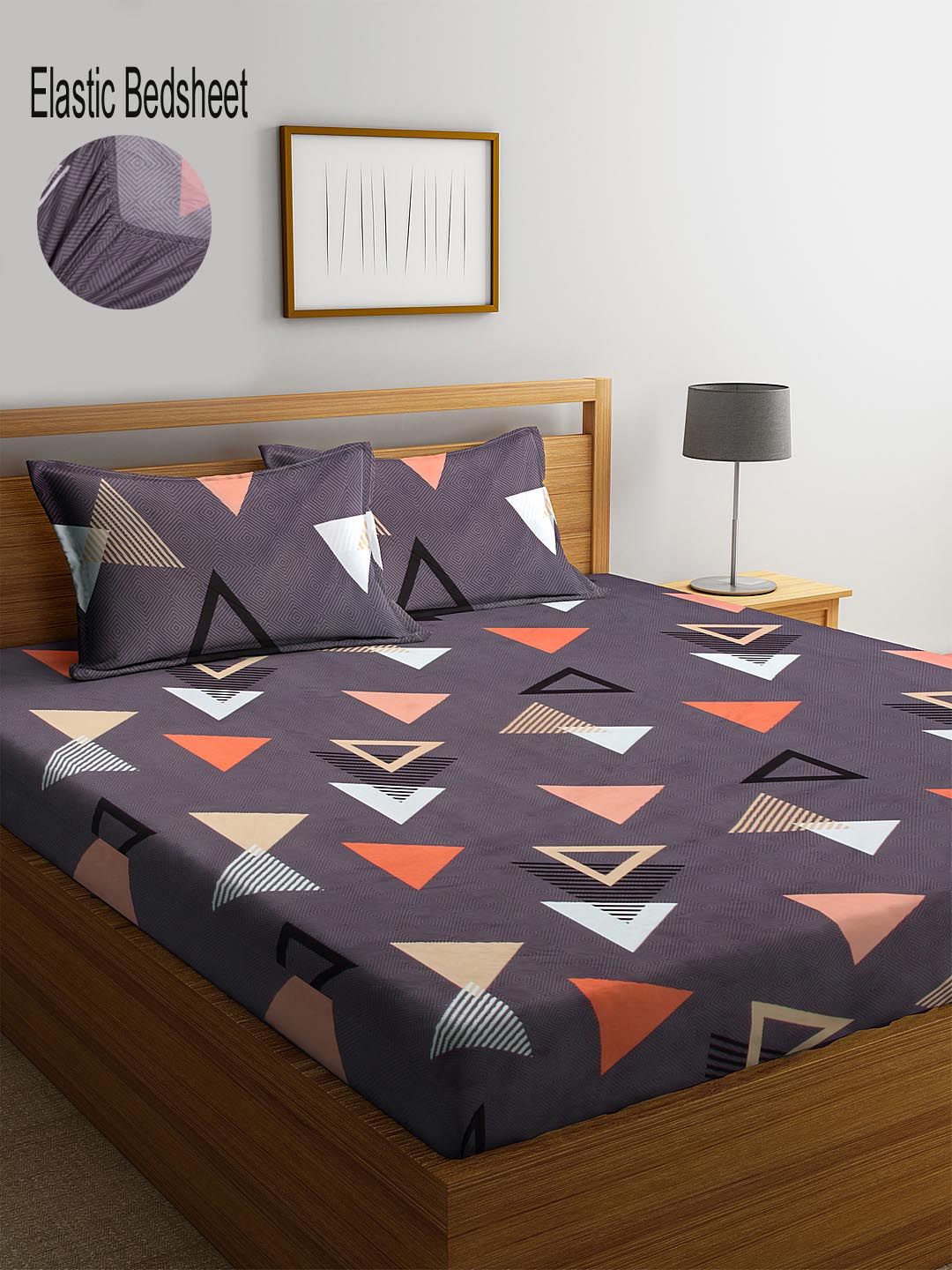 KLOTTHE Purple & Orange Geometric 300 TC King Fitted Bedsheet with 2 Pillow Covers