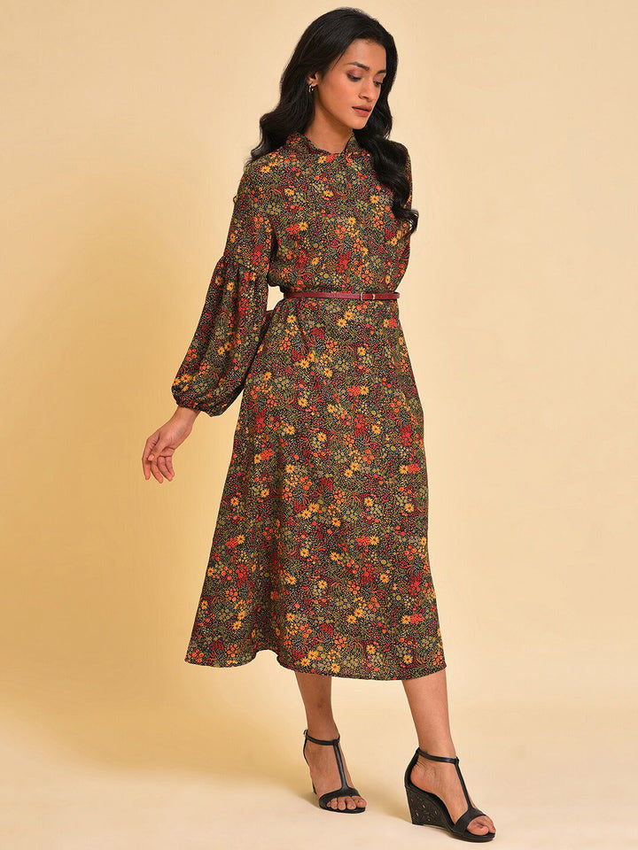 W Black Floral Printed Puff Sleeve A-Line Midi Dress