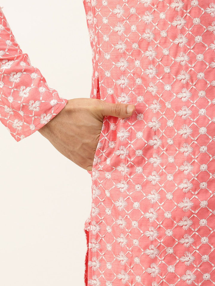 SOJANYA Men Pink & White Embroidered Thread Work Kurta with Churidar & Nehru Jacket