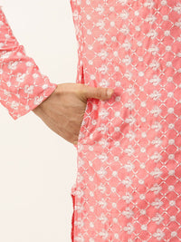 SOJANYA Men Pink & White Embroidered Thread Work Kurta with Churidar & Nehru Jacket