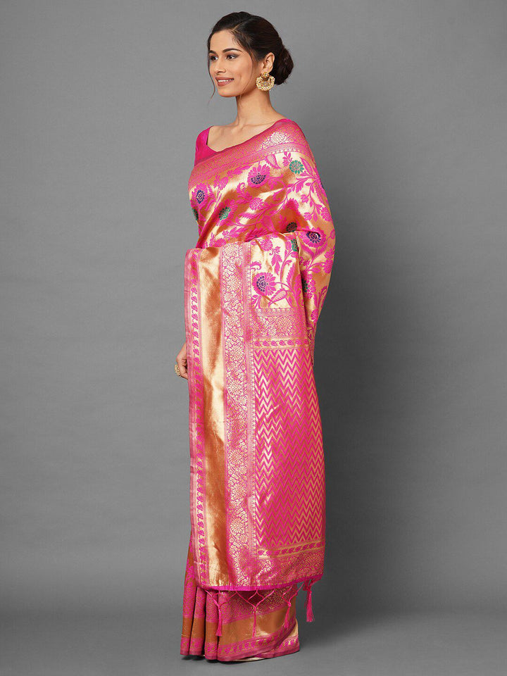 Saree mall Pink & Green Woven Design Silk Blend Banarasi Sarees