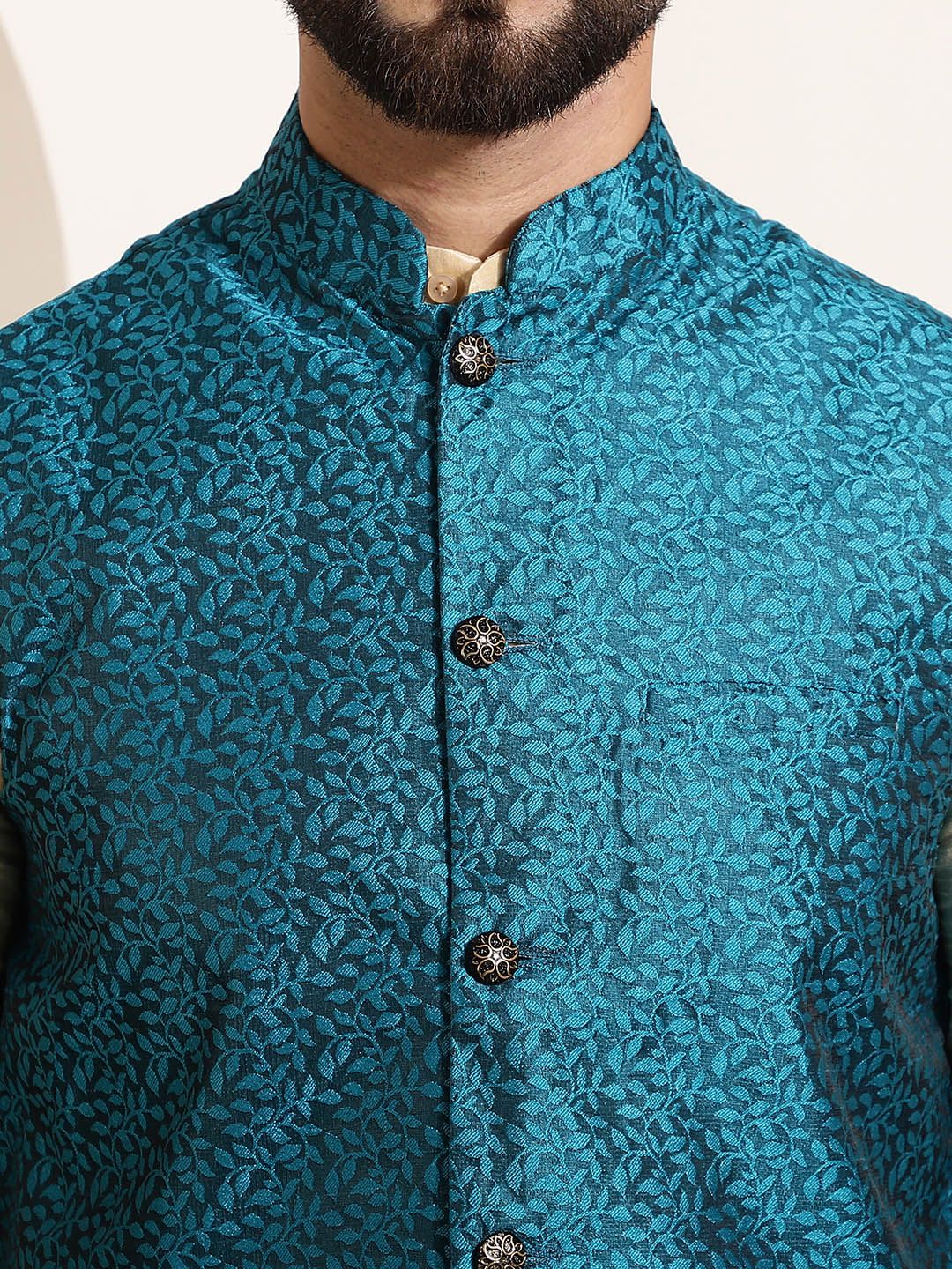 SOJANYA Kurta Lelaki Emas & Hijau Teal dengan Jaket Churidar Dan Nehru