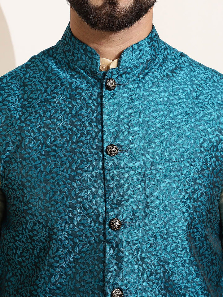 SOJANYA Men Golden & Teal Green Kurta with Churidar And Nehru Jacket