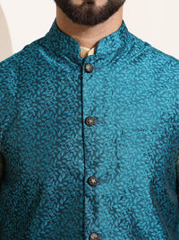 SOJANYA Men Golden & Teal Green Kurta with Churidar And Nehru Jacket