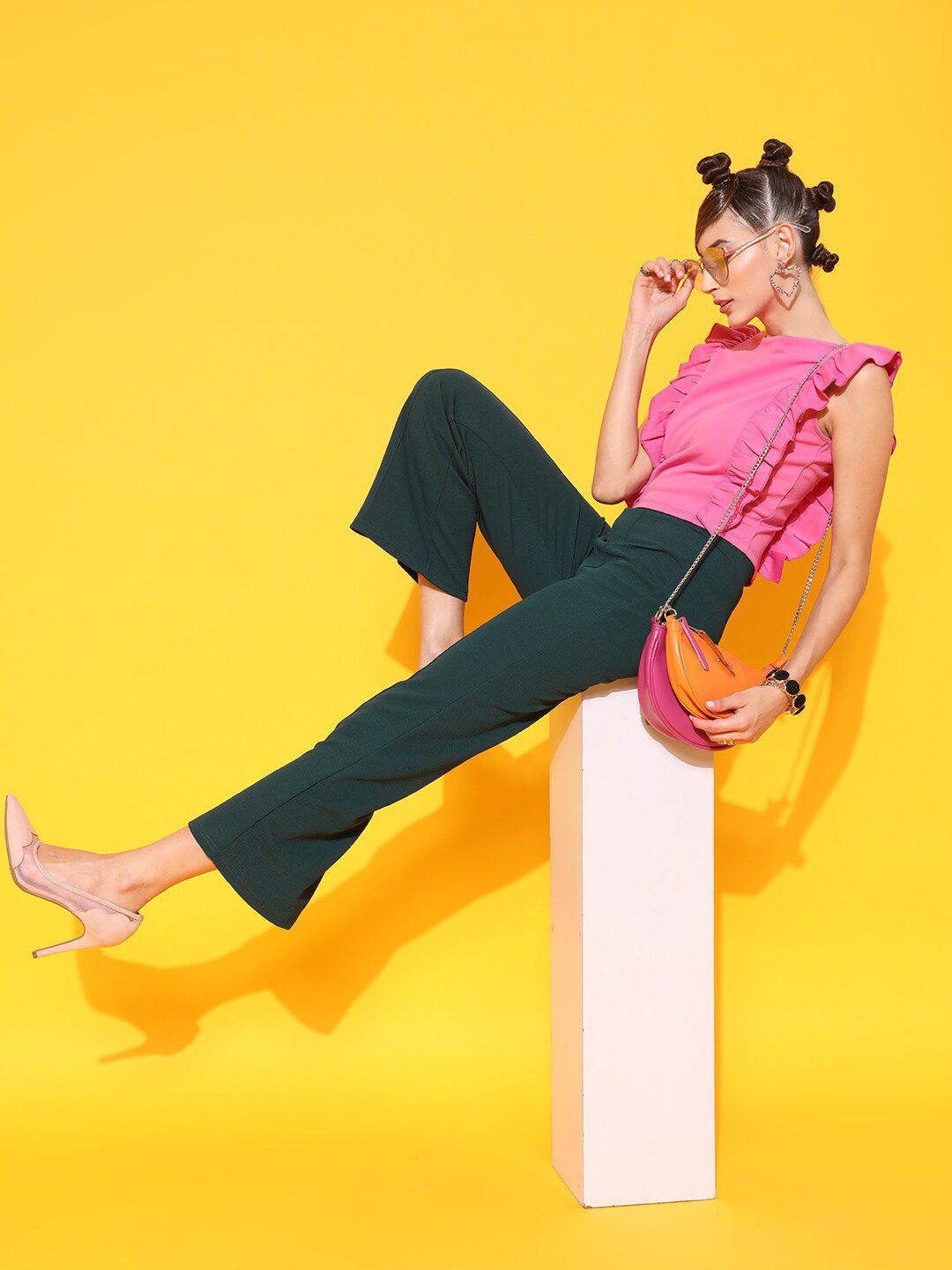 STREET 9 Pink Solid Pleated Round Neck Regular Top