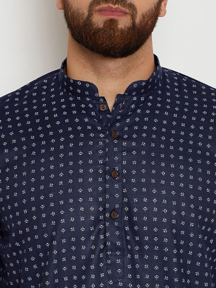 SOJANYA Lelaki Navy Blue & Off-White Printed Straight Kurta
