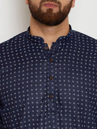 SOJANYA Lelaki Navy Blue & Off-White Printed Straight Kurta
