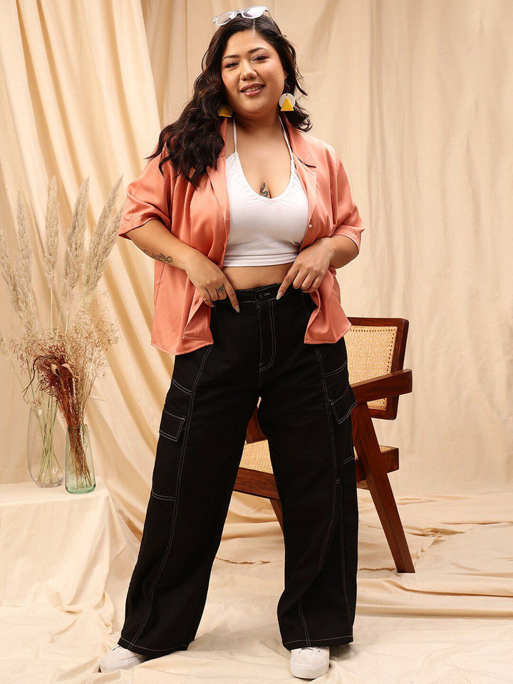 CURVY STREET Rust Comfort Satin Spread Collar Curved Casual Shirt