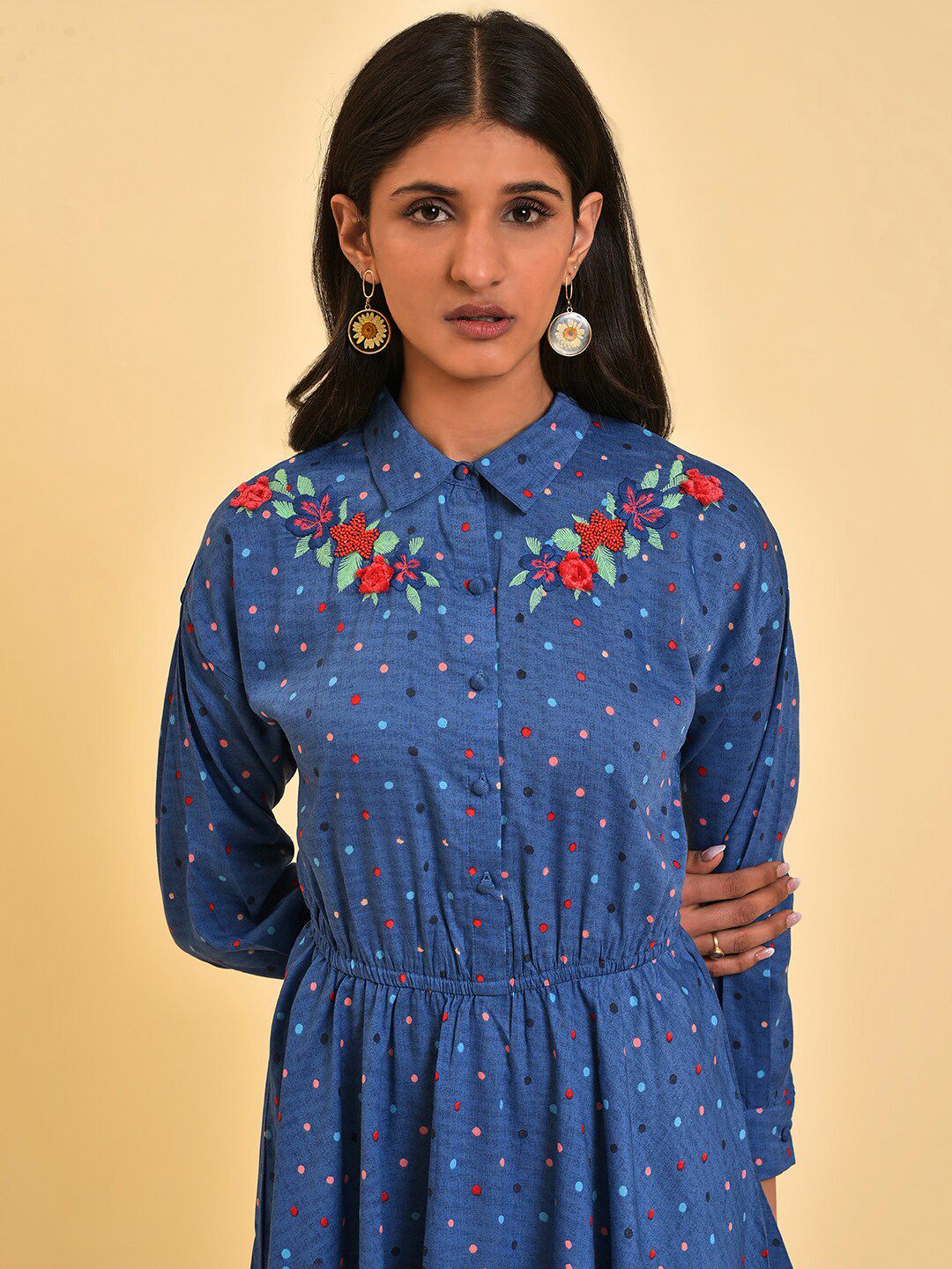 W Blue Polka Dots Embroidered Detailed Shirt Collar  Fit & Flare Dress