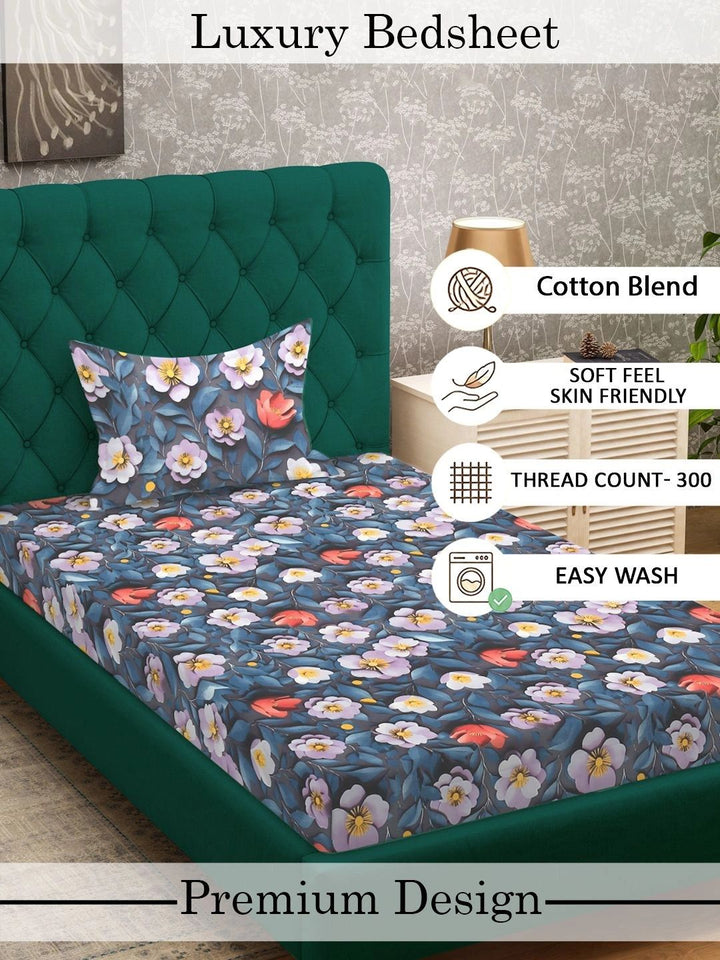 Myntra Elegant Homes Blue Floral 300 TC Single Bedsheet with 1 Pillow Covers