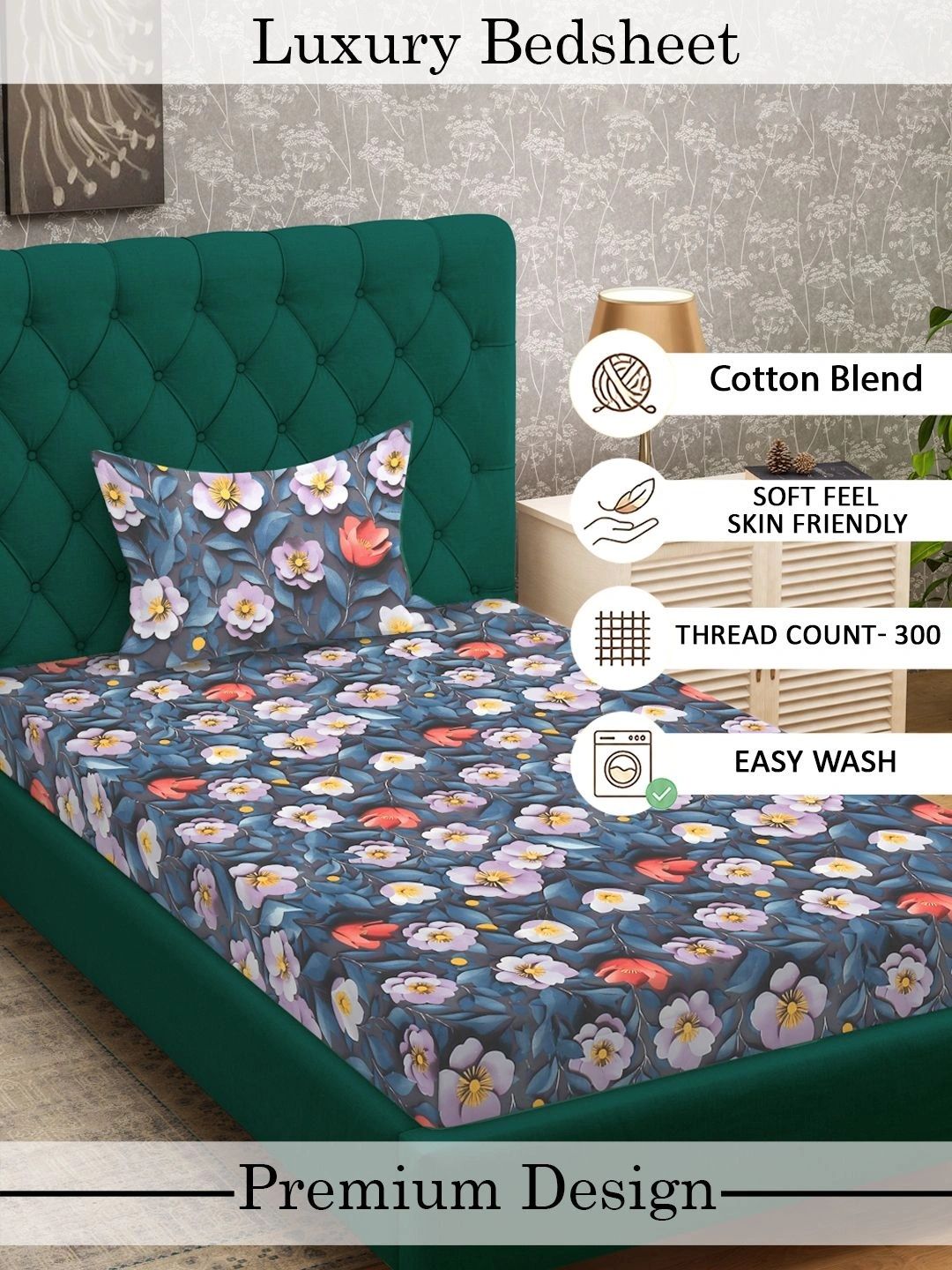 Myntra Elegant Homes Blue Floral 300 TC Single Bedsheet with 1 Pillow Covers