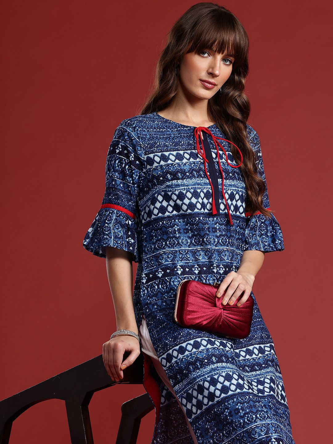 Anouk Ethnic Printed Flared Sleeves Indigo Pure Cotton Kurta