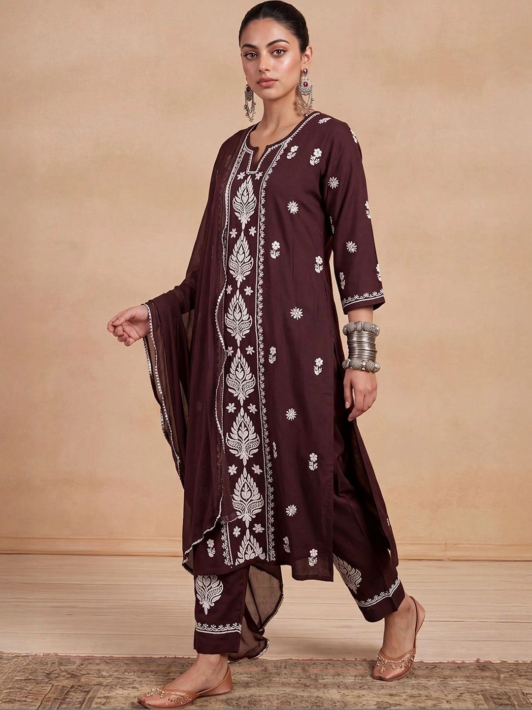 House of Chikankari Women Ethnic Embroidered Thread Work Kurta with Trousers & Dupatta
