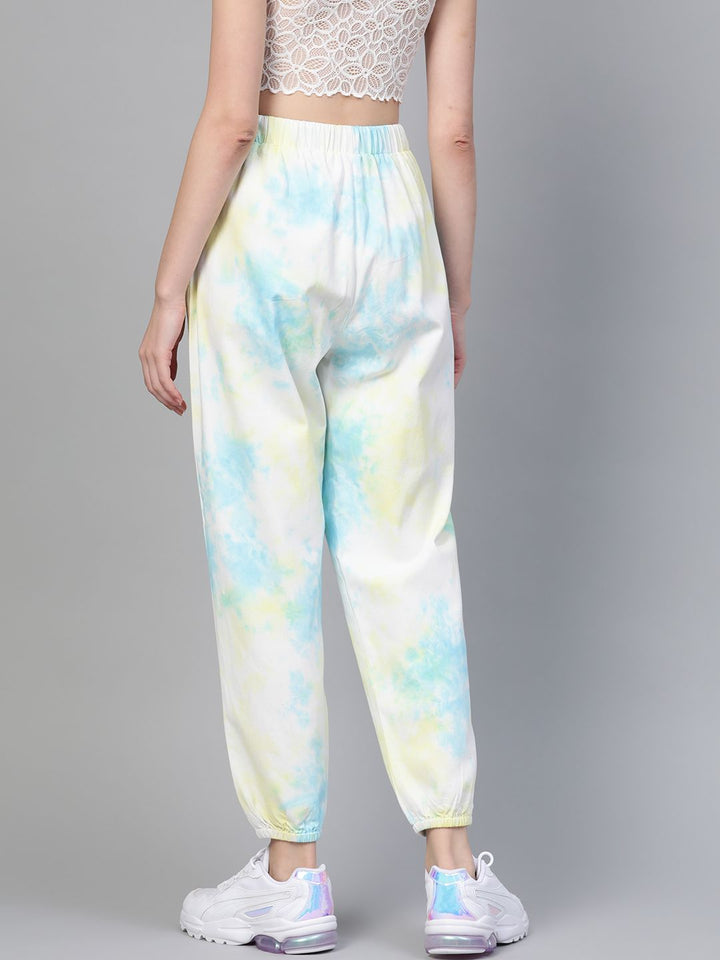 SASSAFRAS Women Off-White & Blue High-Rise Dyed Pure Cotton Joggers