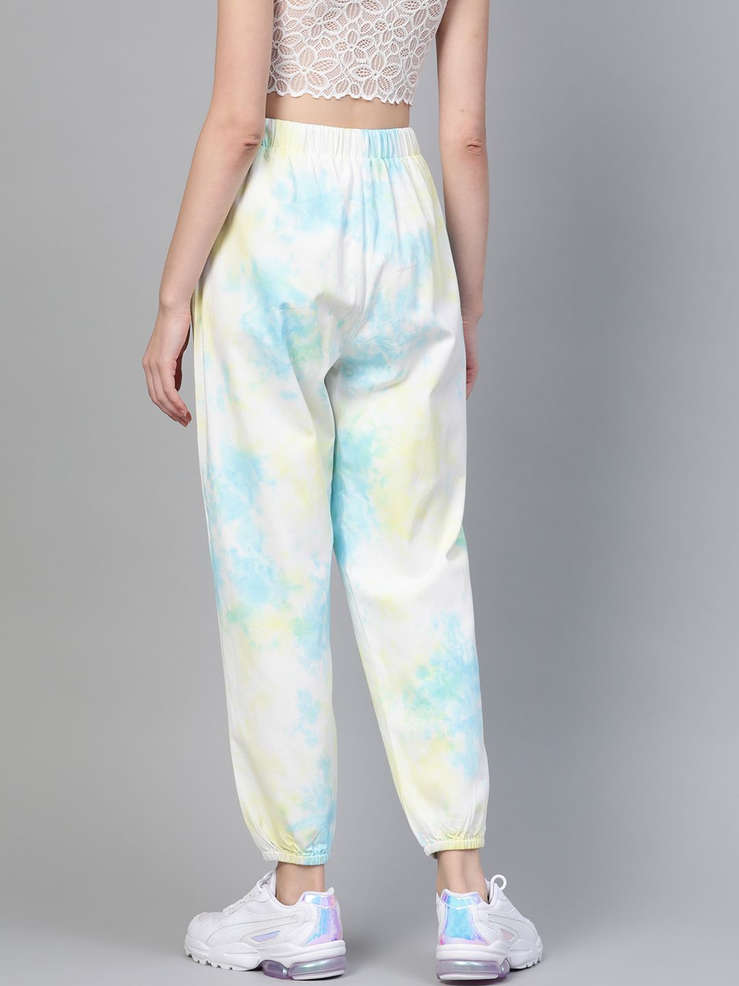 SASSAFRAS Women Off-White & Blue High-Rise Dyed Pure Cotton Joggers