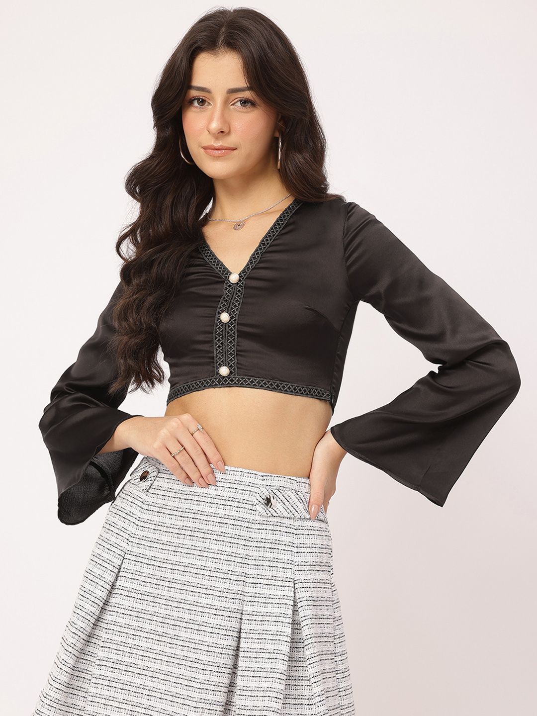 DressBerry Retro Bell Sleeves Embroidered Trims Satin-Finish Crop Top