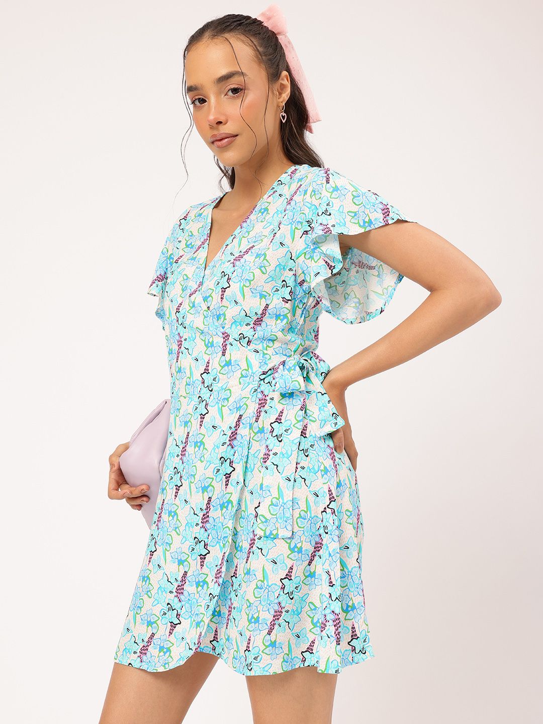 DressBerry Romantic-Ruffles Flutter Sleeves Printed Wrap Mini Dress