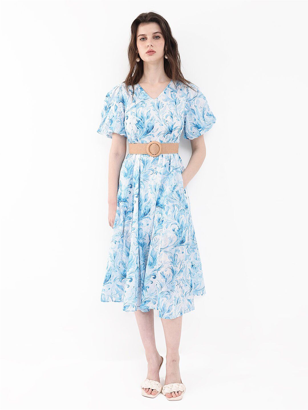 Rareism Cetakan bunga Flared Flared Sleeve Fit & Flare Midi Dress