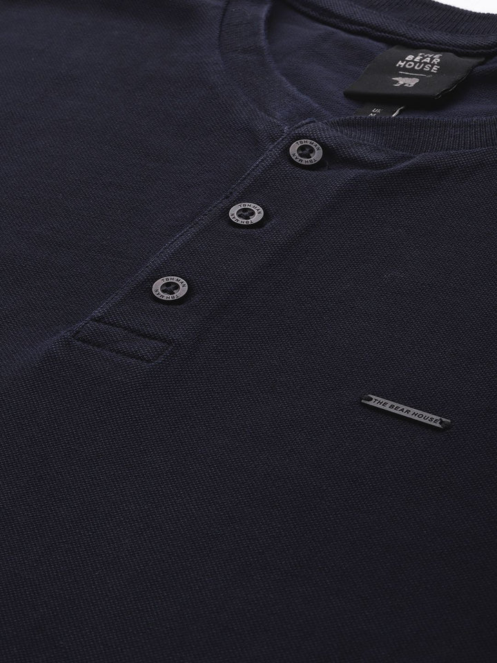 THE BEAR HOUSE Men Navy Blue Solid Henley Neck Pure Cotton T-shirt