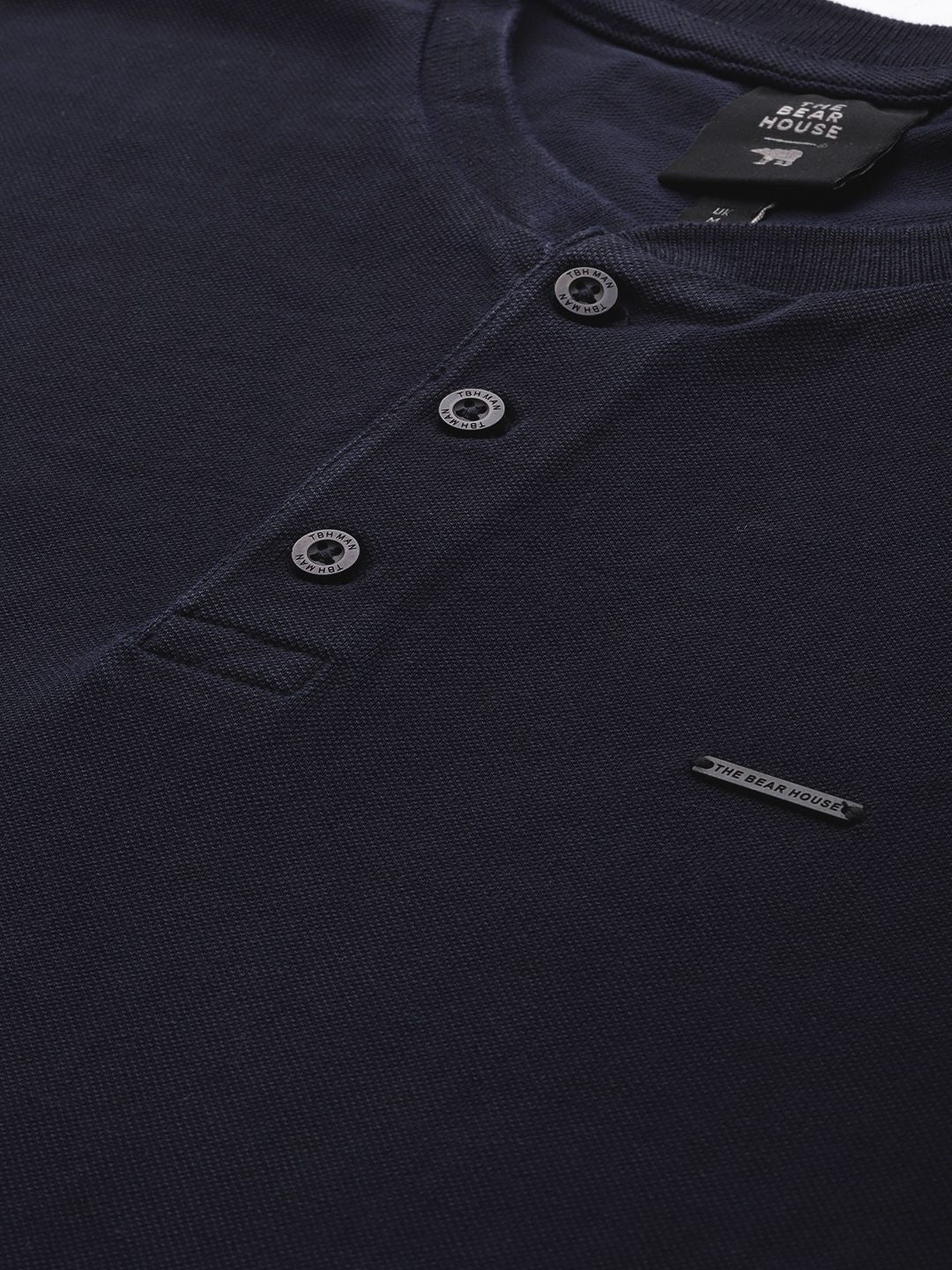 THE BEAR HOUSE Men Navy Blue Solid Henley Neck Pure Cotton T-shirt