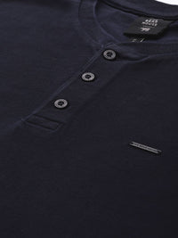 THE BEAR HOUSE Men Navy Blue Solid Henley Neck Pure Cotton T-shirt
