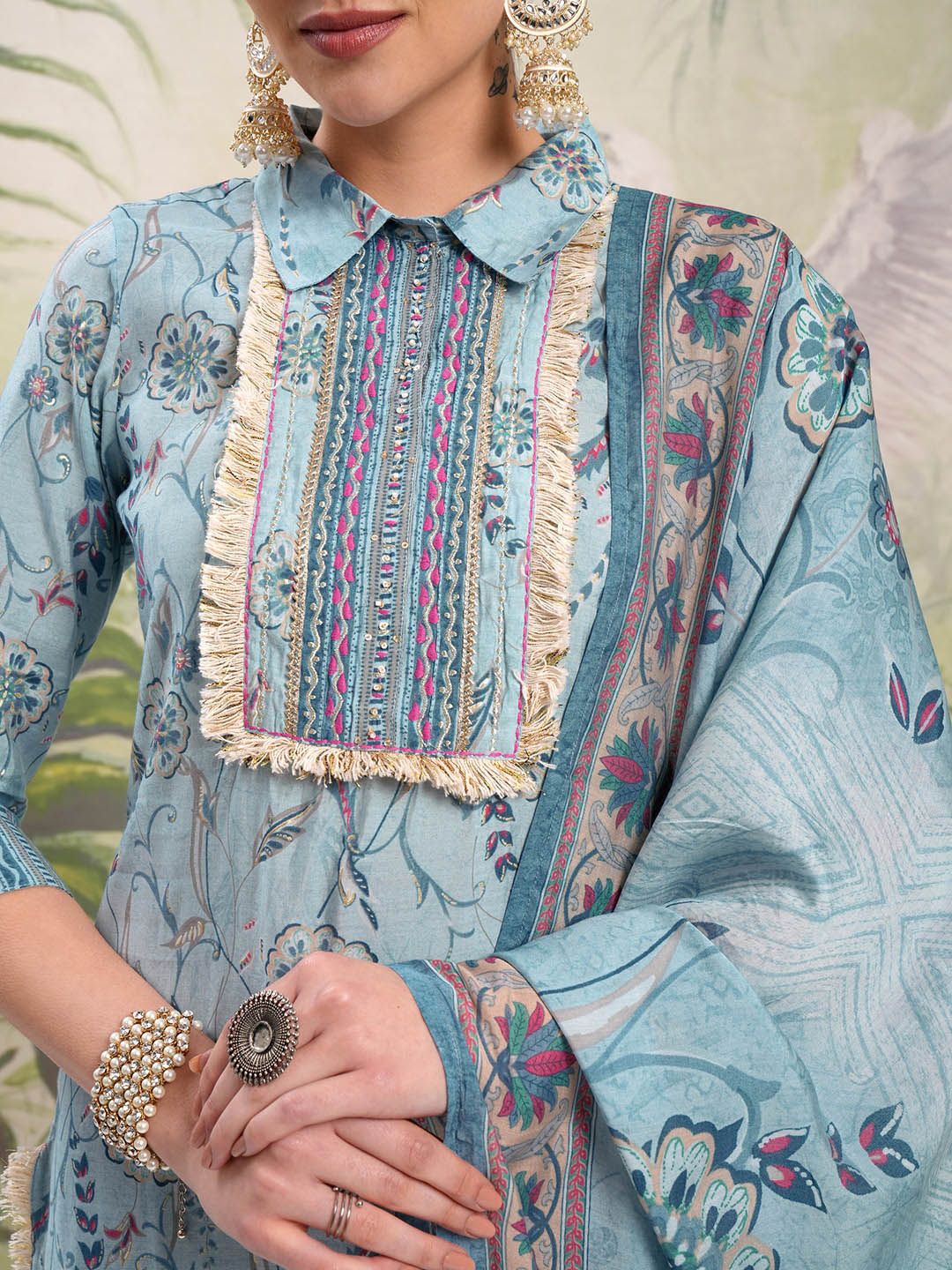 Vishudh Blue Floral Printed Shirt Collar Thread Work Straight Kurta With Salwar & Dupatta