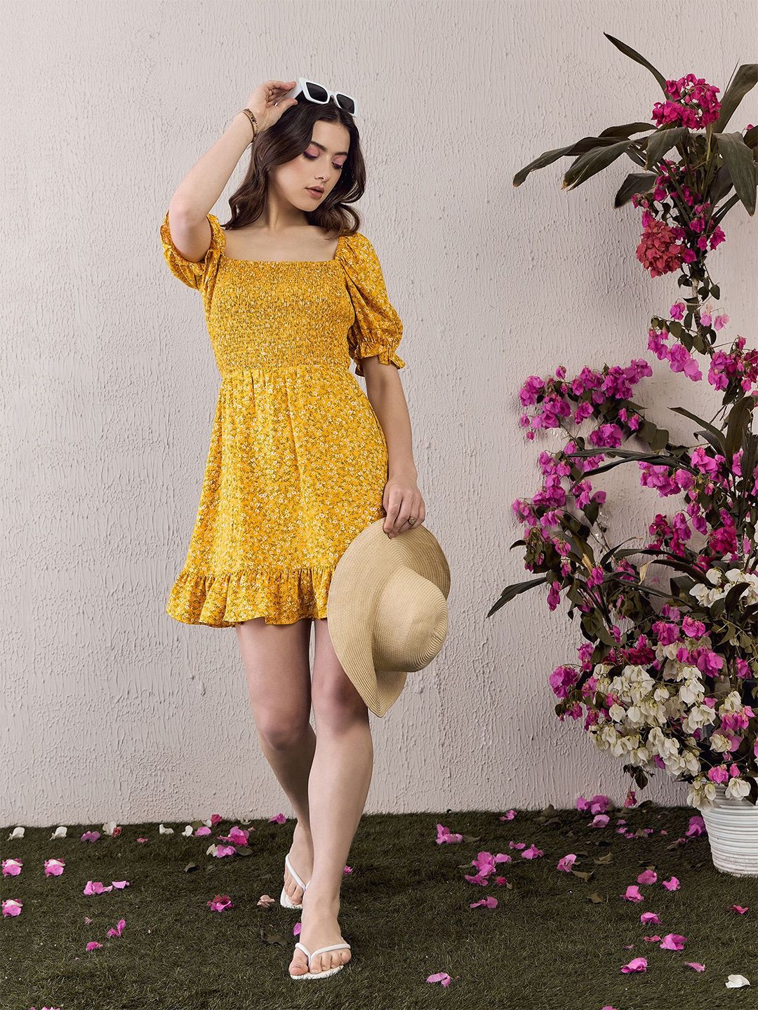 Berrylush Women Floral Print Puff Sleeve Ruffled Fit & Flare Dress