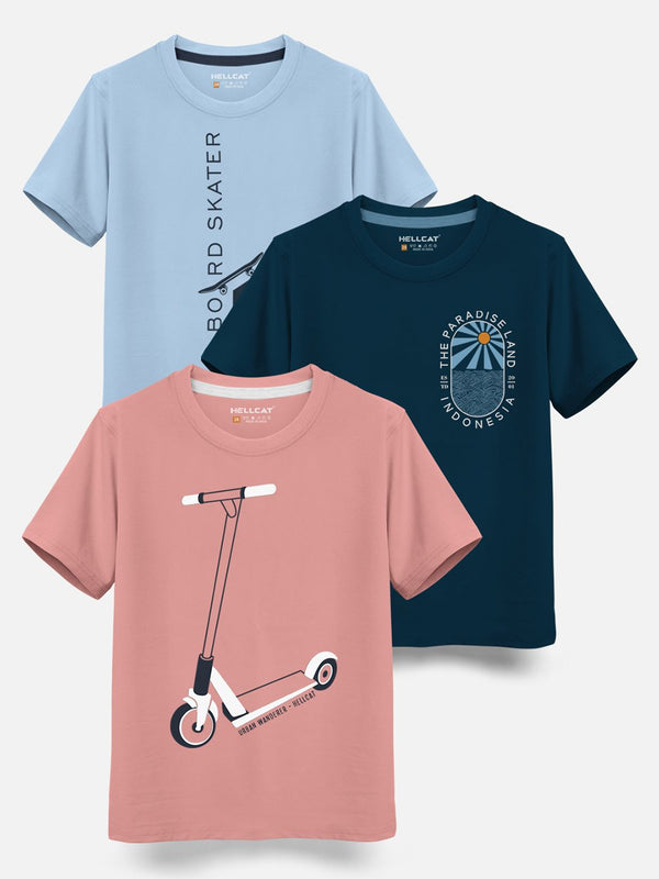 HELLCAT Boys Pack Of 3 Printed Cotton T-shirt