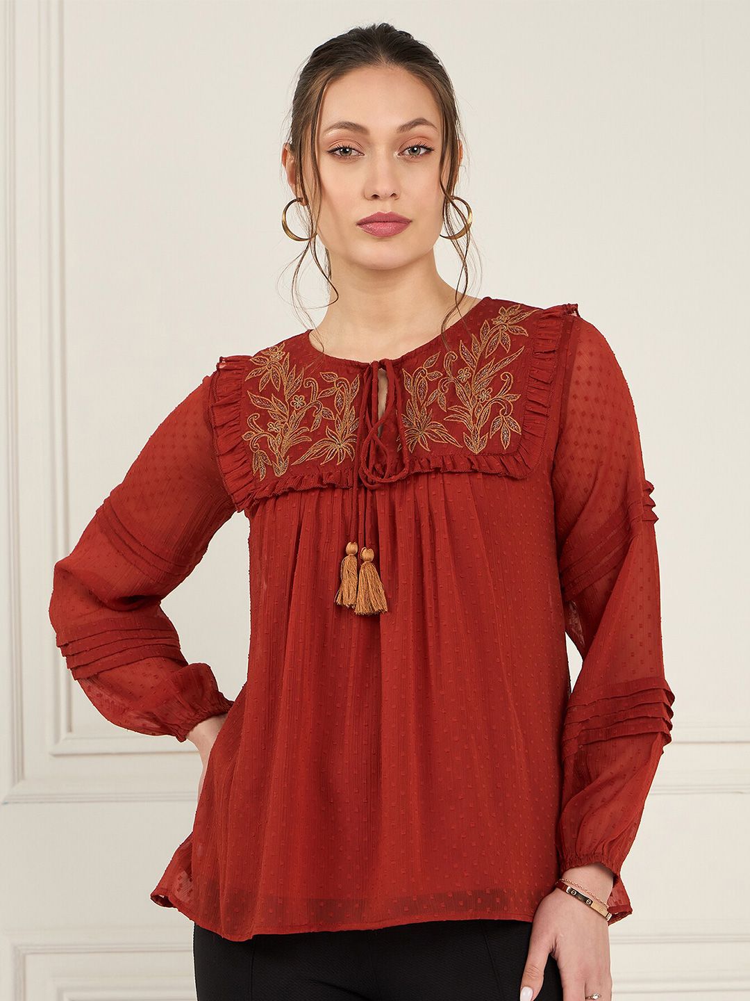 Antheaa Tie-Up Neck Puff Sleeve Chiffon Top