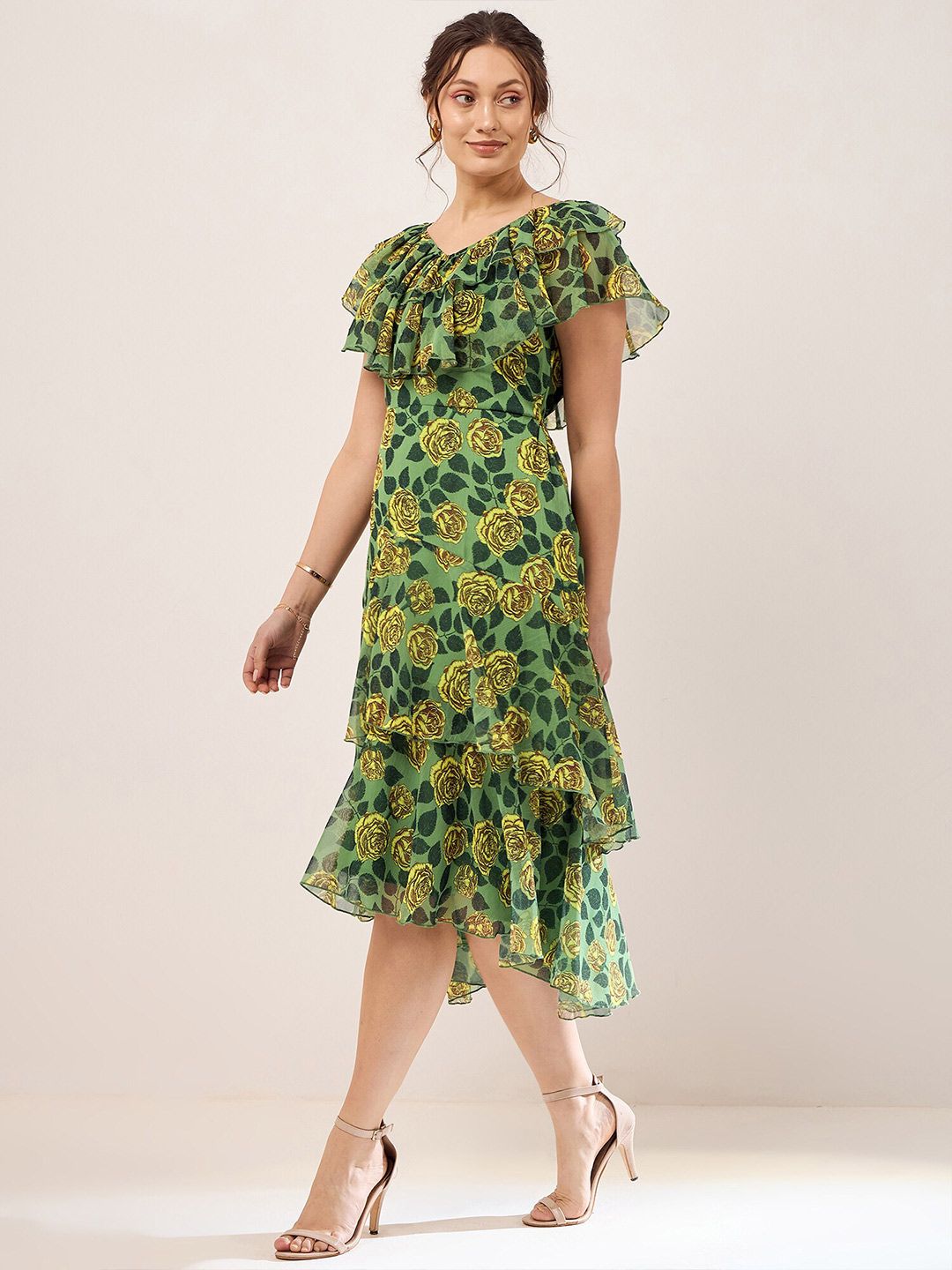Antheaa Green Floral Print V-Neck Flutter Sleeve Layered Chiffon Fit & Flare Midi Dress