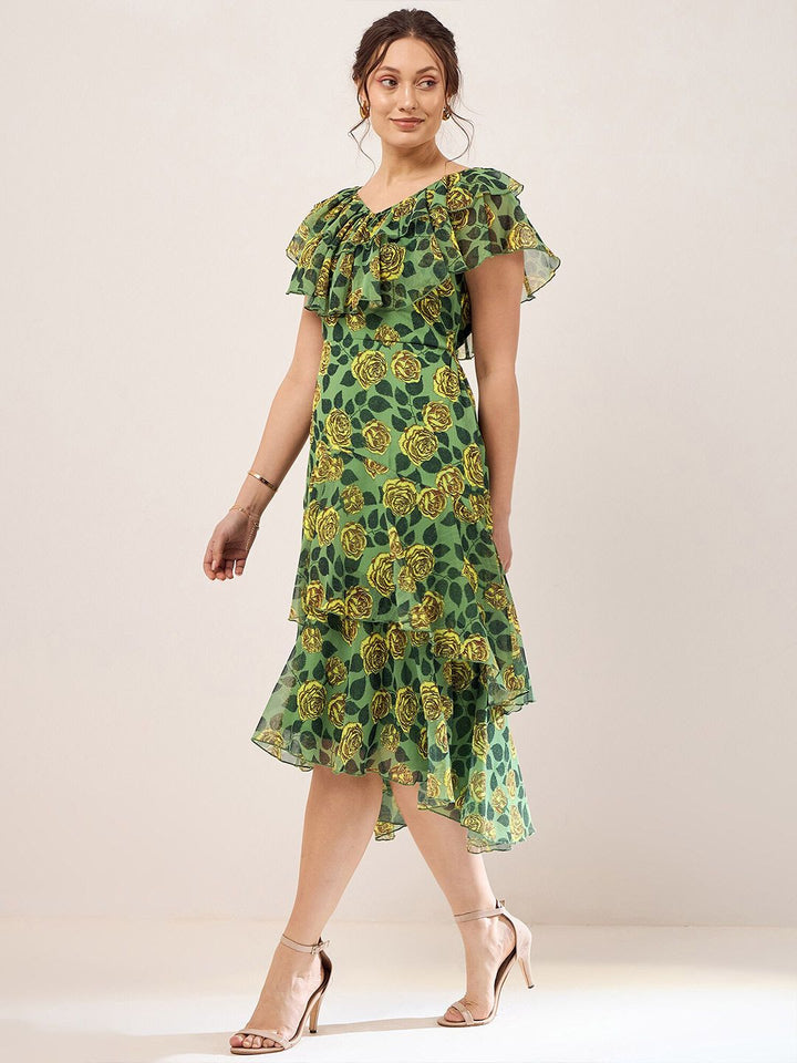 Antheaa Green Floral Print V-Neck Flutter Sleeve Layered Chiffon Fit & Flare Midi Dress