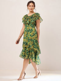 Antheaa Green Floral Print V-Neck Flutter Sleeve Layered Chiffon Fit & Flare Midi Dress