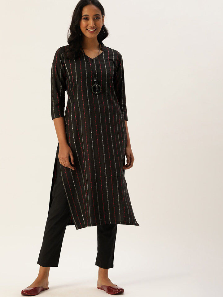 KALINI Geometric Embroidered Straight Kurta with Trousers