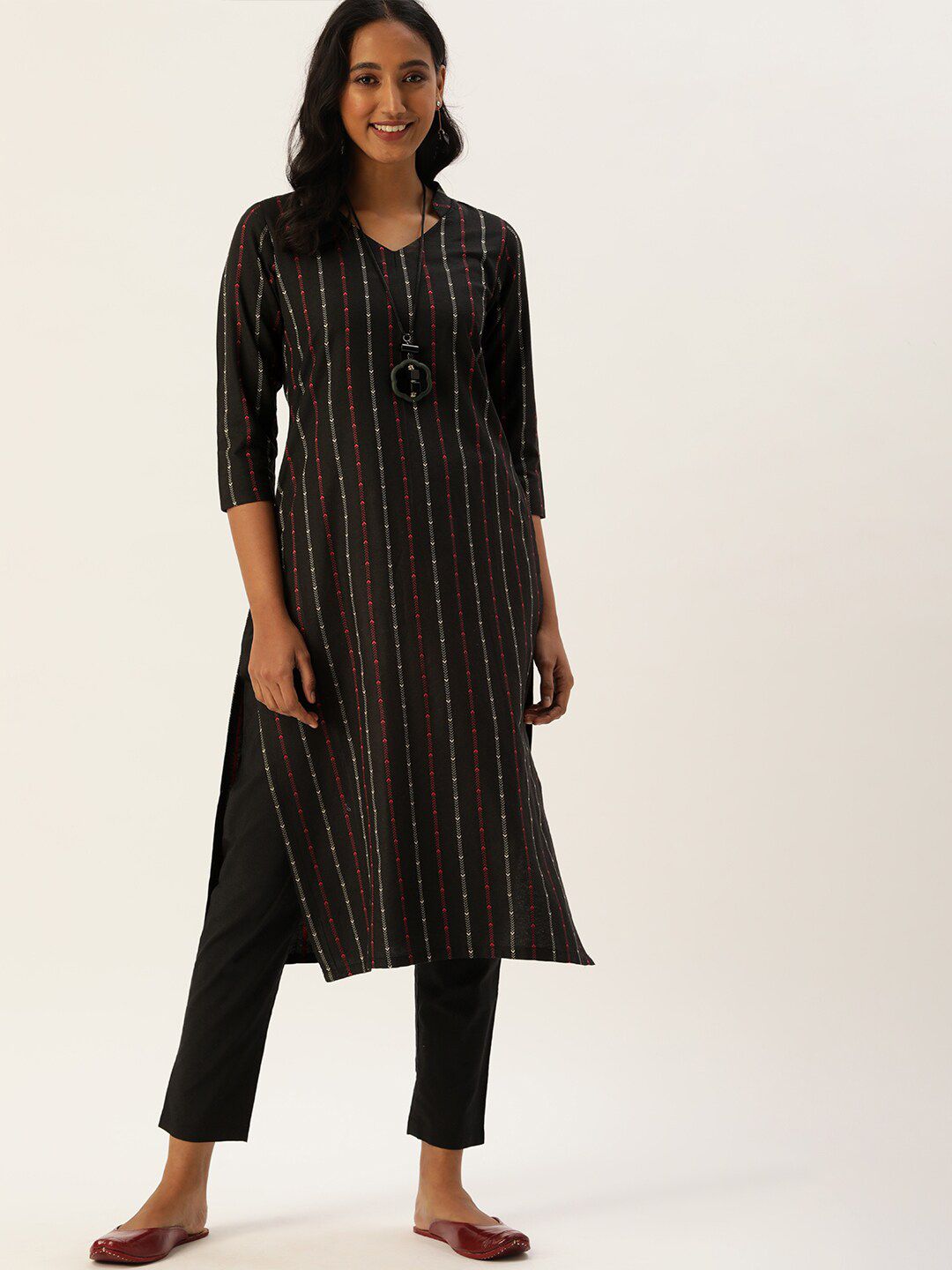 KALINI Geometric Embroidered Straight Kurta with Trousers