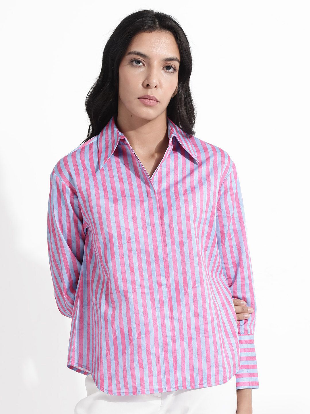 RAREISM Shirt Collar Long Sleeves Striped Cotton Top